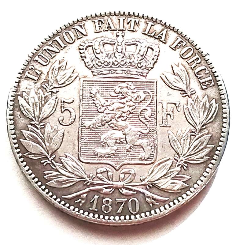 1870  Belguim  5  Francs  Coin