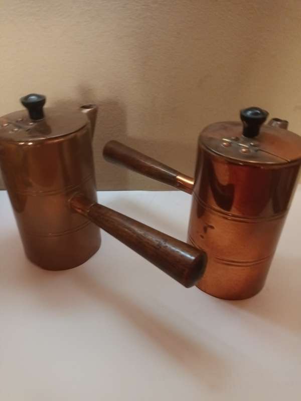 Set of Vintage Copper and Wood Turkish Teapots