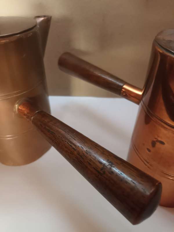 Set of Vintage Copper and Wood Turkish Teapots