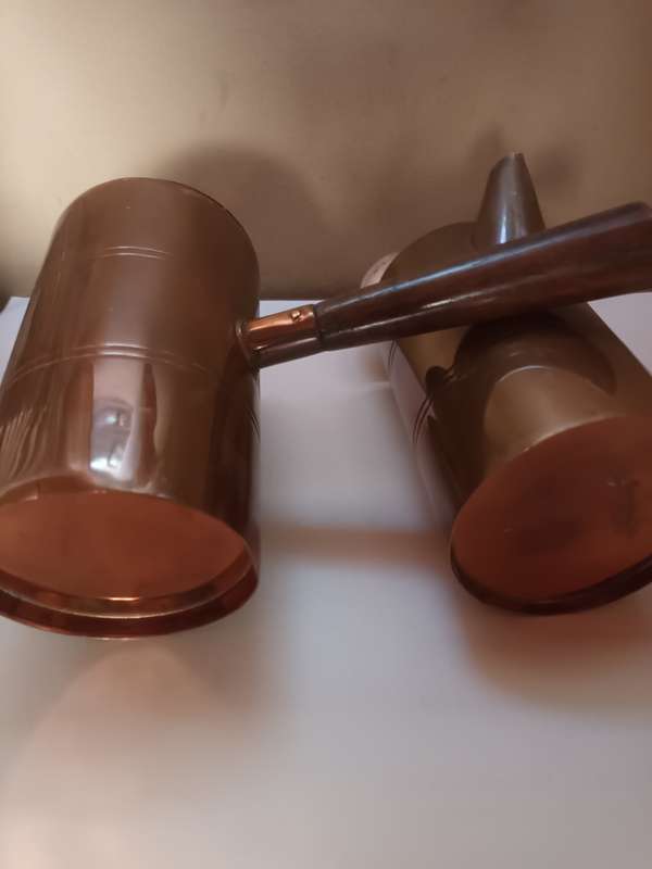Set of Vintage Copper and Wood Turkish Teapots