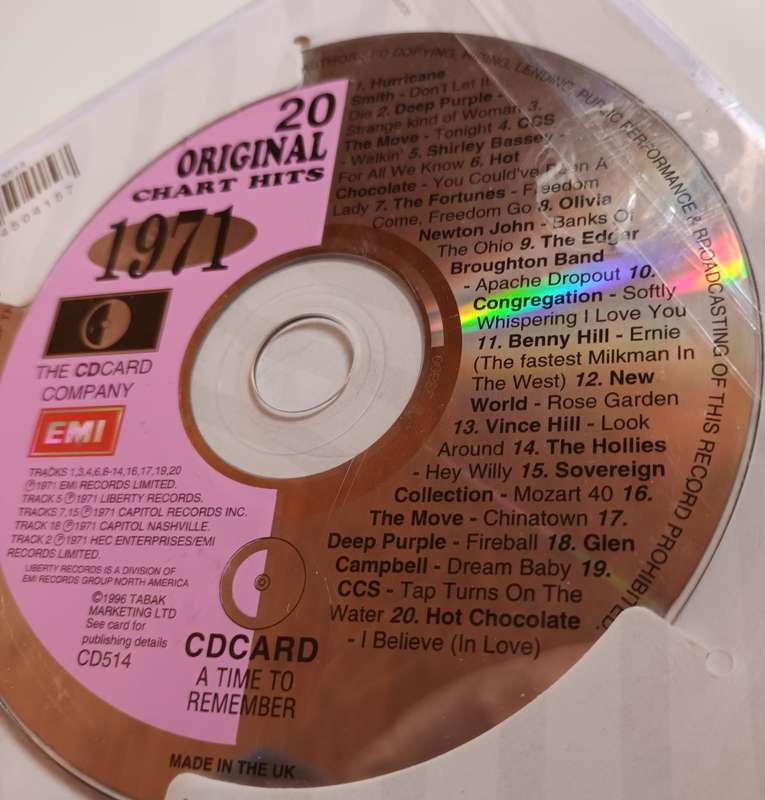 20 Original Hits of 1971 CD Card - Made in the UK
