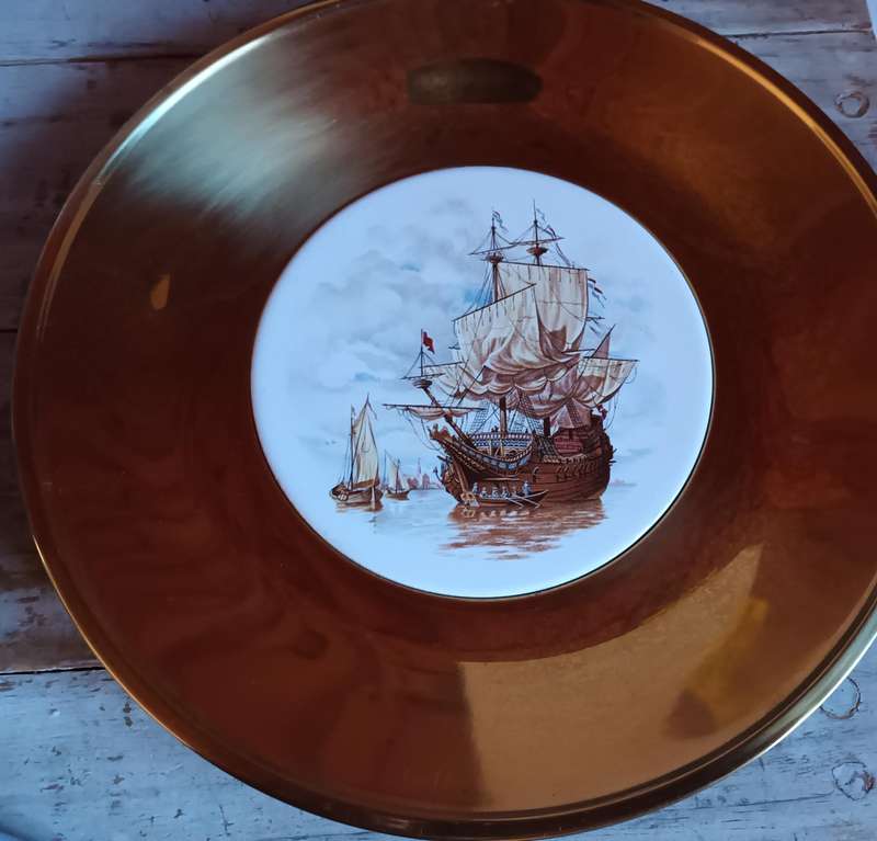Brass Plate Bowl with Circular Tile of Ship