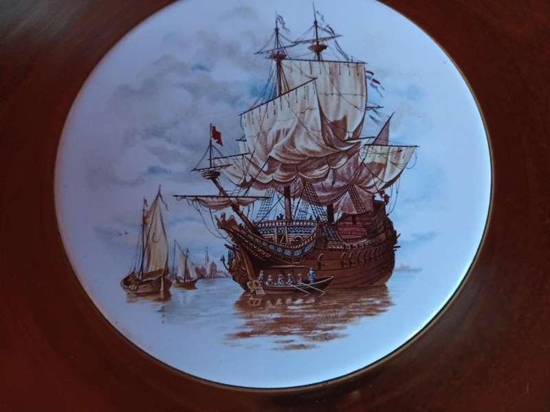 Brass Plate Bowl with Circular Tile of Ship