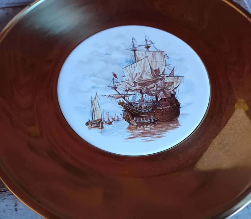 Brass Plate Bowl with Circular Tile of Ship
