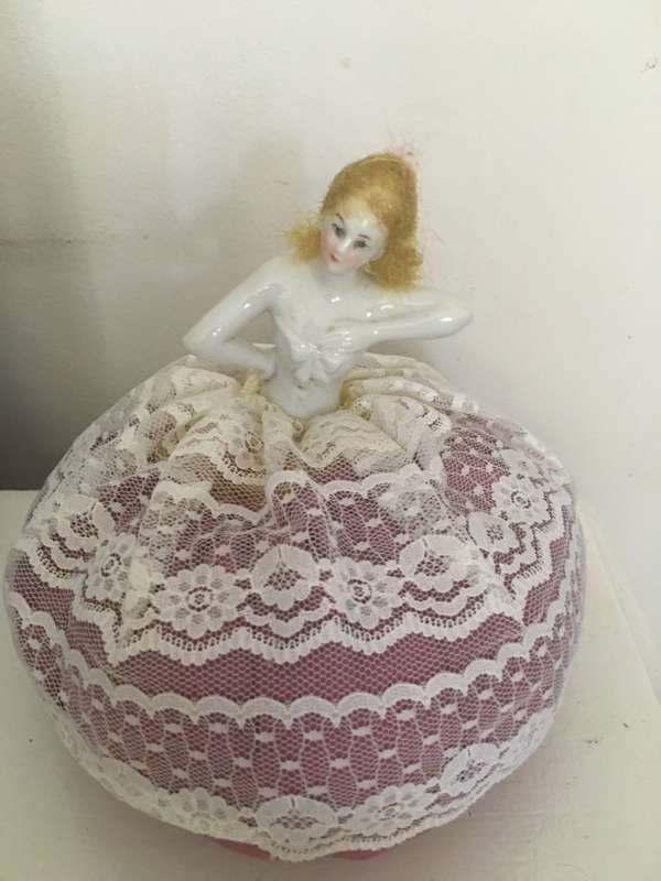 VINTAGE TO ANTIQUE DOLL PIN CUSHION  PORCELAIN