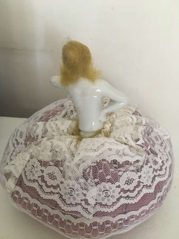 VINTAGE TO ANTIQUE DOLL PIN CUSHION  PORCELAIN