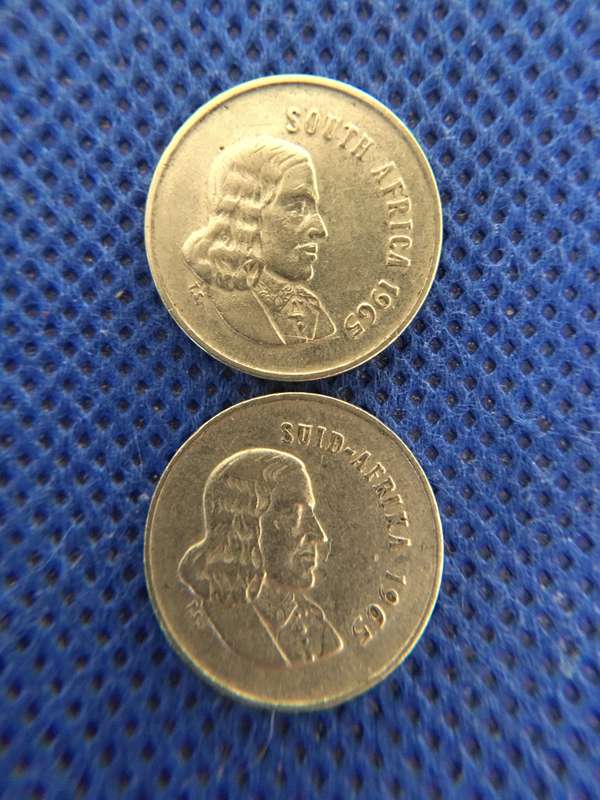 SOUTH AFRICA - JAN VAN RIEBEECK  5c  COINS X 2 1965 ENGLISH AND AFRIKAANS