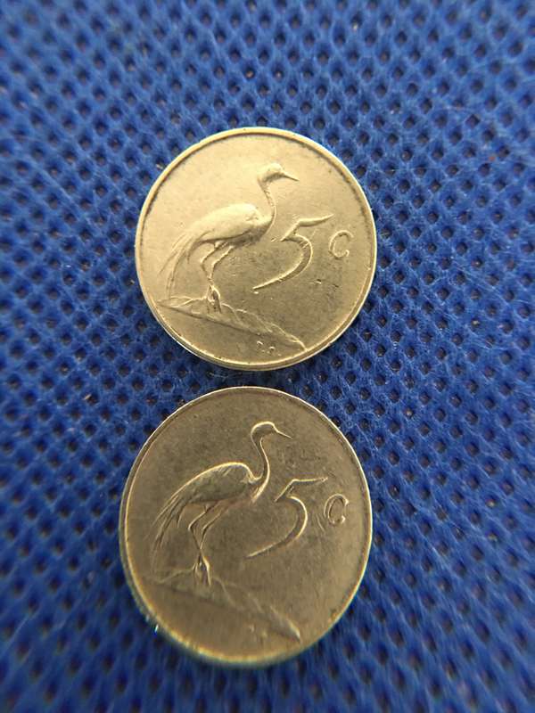 SOUTH AFRICA - JAN VAN RIEBEECK  5c  COINS X 2 1965 ENGLISH AND AFRIKAANS