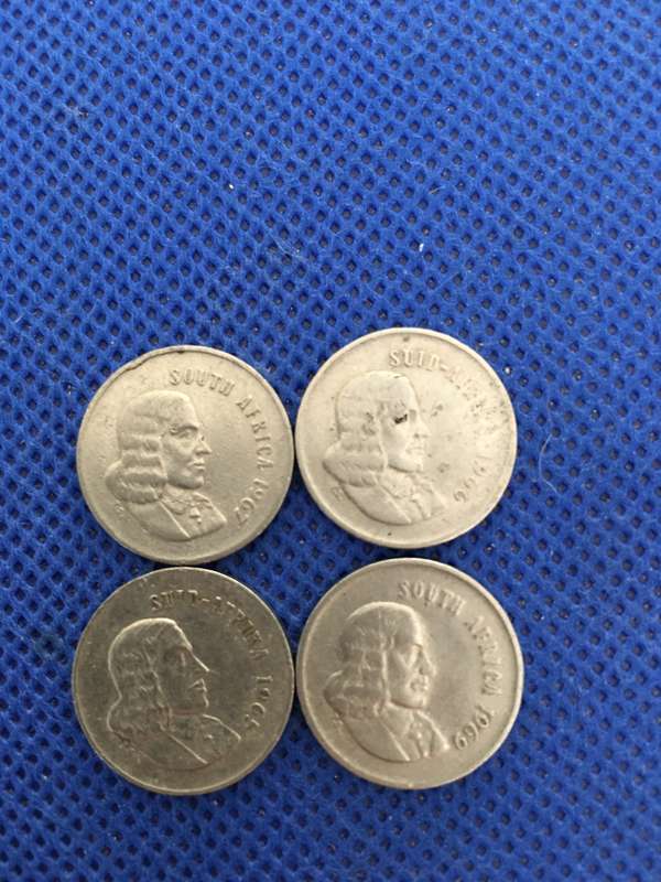 SOUTH AFRICA LOT OF 4    5c  COINS - JAN VAN RIEBEECK - ENGLISH AND AFRIKAANS -1967 1969 1965 - 1966