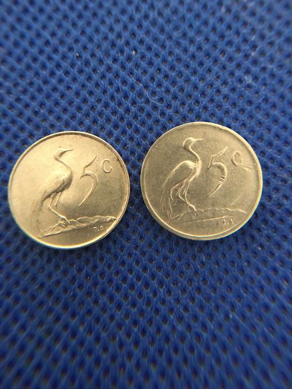 SOUTH AFRICA TWO 5c COINS BOTH ENGLISH - JAN VAN RIEBEECK - 1965 - 1969