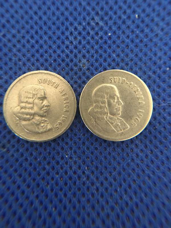 SOUTH AFRICA TWO 5c COINS - JAN VAN RIEBEECK BOTH 1965 ENGLISH AND AFRIKAANS