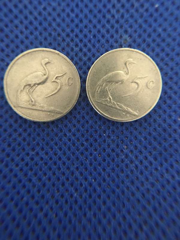 SOUTH AFRICA TWO 5c COINS - JAN VAN RIEBEECK BOTH 1965 ENGLISH AND AFRIKAANS