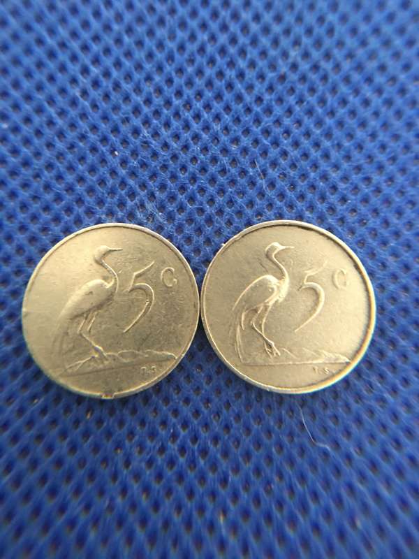SOUTH AFRICA - TWO COINS - 5c JAN VAN RIEBEECK - 1967 - 1965 - ENGLISH AND AFRIKAANS