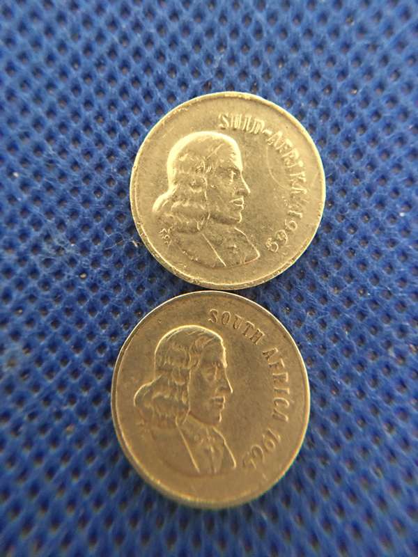 SOUTH AFRICA TWO 5c COINS - JAN VAN RIEBEECK - 1965 - 1969 ENGLISH AND AFRIKAANS