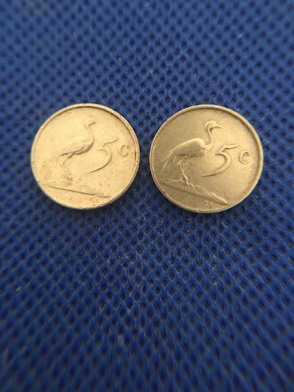 SOUTH AFRICA TWO 5c COINS - JAN VAN RIEBEECK - 1965 - 1969 ENGLISH AND AFRIKAANS