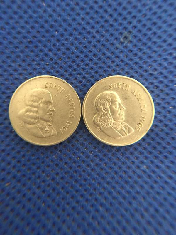 SOUTH AFRICA 5c COINS X 2 BOTH ENGLISH - JAN VAN RIEBEECK - 1965 - 1967
