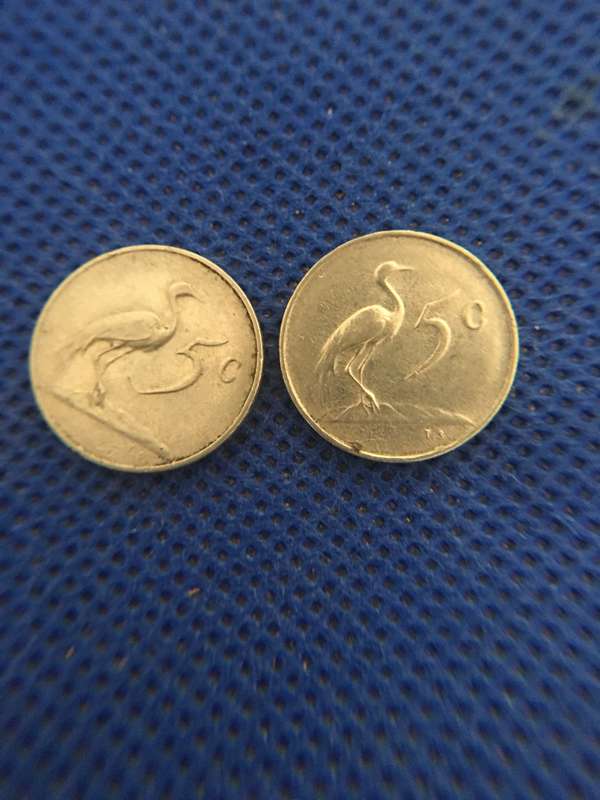 SOUTH AFRICA 5c COINS X 2 BOTH ENGLISH - JAN VAN RIEBEECK - 1965 - 1967