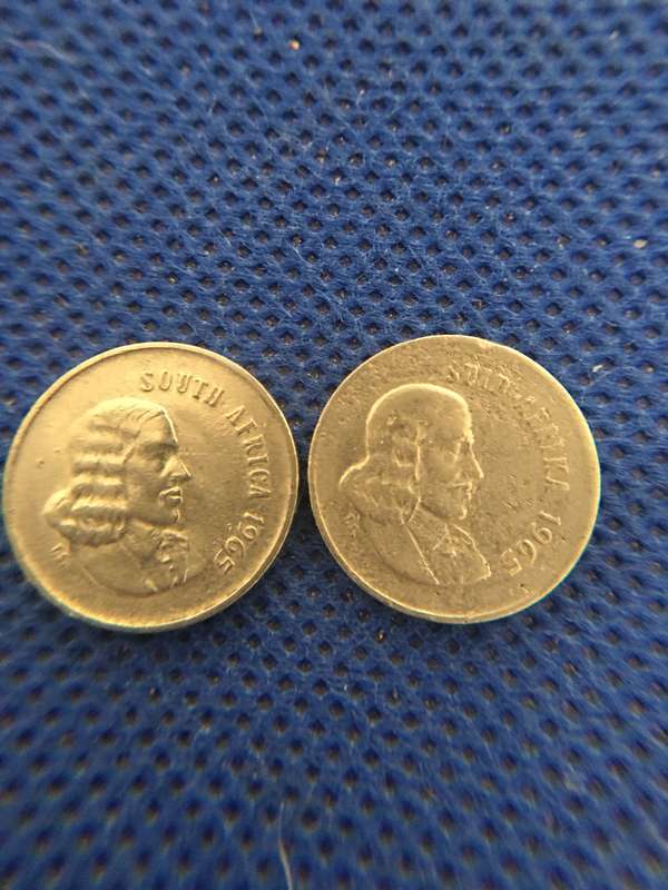 SOUTH AFRICA - 2 x 5c COINS - JAN VAN RIEBEECK - 1965 ENGLISH AND AFRIKAANS