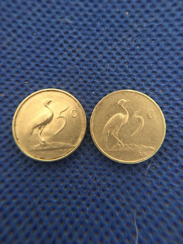 SOUTH AFRICA - 2 x 5c COINS - JAN VAN RIEBEECK - 1965 ENGLISH AND AFRIKAANS