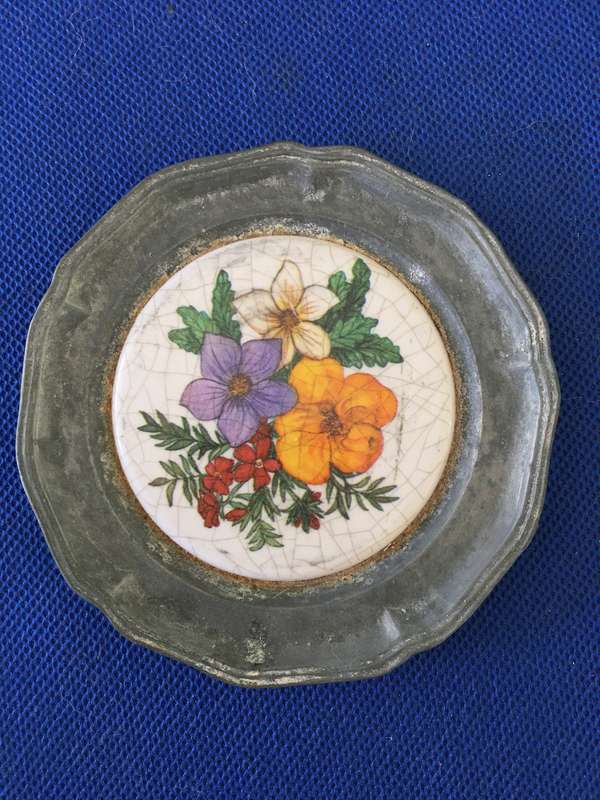 VINTAGE TO ANTQUE HAND PAINTED ENAMEL AND PEWTER COASTER OR SMALL WALL HANGING