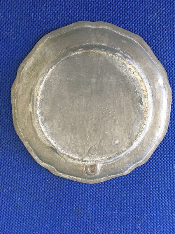 VINTAGE TO ANTIQUE HAND PAINTED ENAMEL AND PEWTER COASTER OR SMALL WALL HANGING