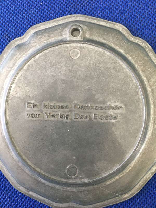 VINTAGE TO ANTIQUE COASTER PEWTER AND ENAMEL OR SMALL WALL HANGING