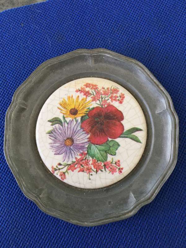VINTAGE TO ANTIQUE ENAMEL AND PEWTER HAND PAINTED COASTER OR SMALL WALL HANGING
