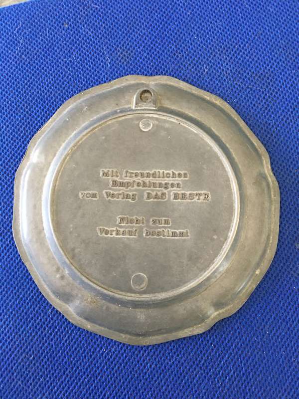 VINTAGE TO ANTIQUE ENAMEL AND PEWTER HAND PAINTED COASTER OR SMALL WALL HANGING