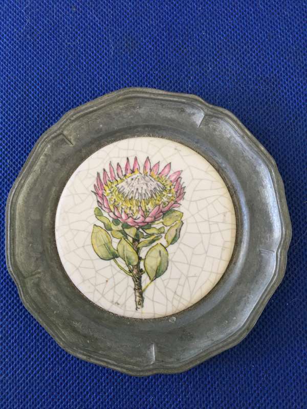 VINTAGE TO ANTIQUE HAND PAINTED PEWTER AND ENAMEL COASTER OR SMALL WALL HANGING