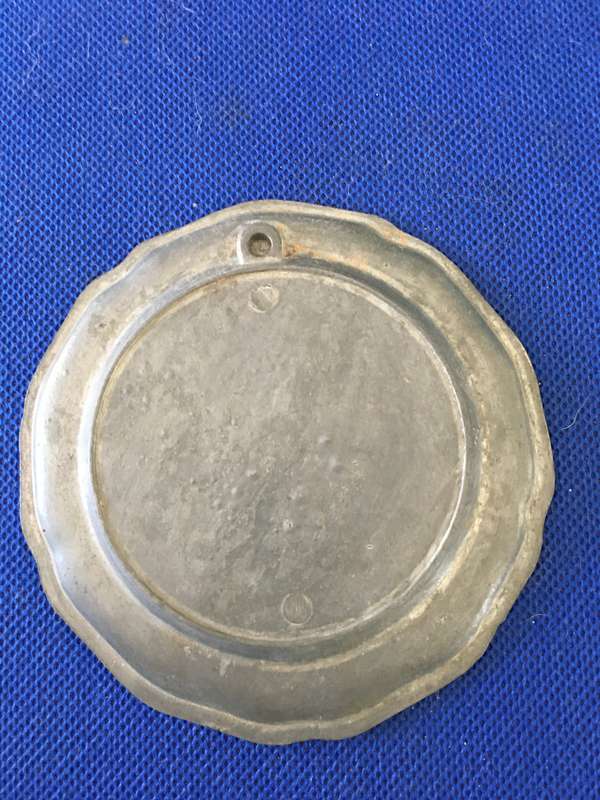VINTAGE TO ANTQUE HAND PAINTED ENAMEL AND PEWTER COASTER OR SMALL WALL HANGING