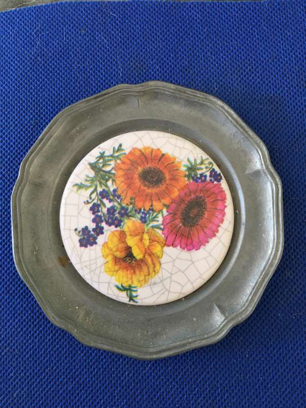 VINTAGE TO ANTIQUE HAND PAINTED ENAMEL AND PEWTER COASTER OR SMALL WALL HANGING