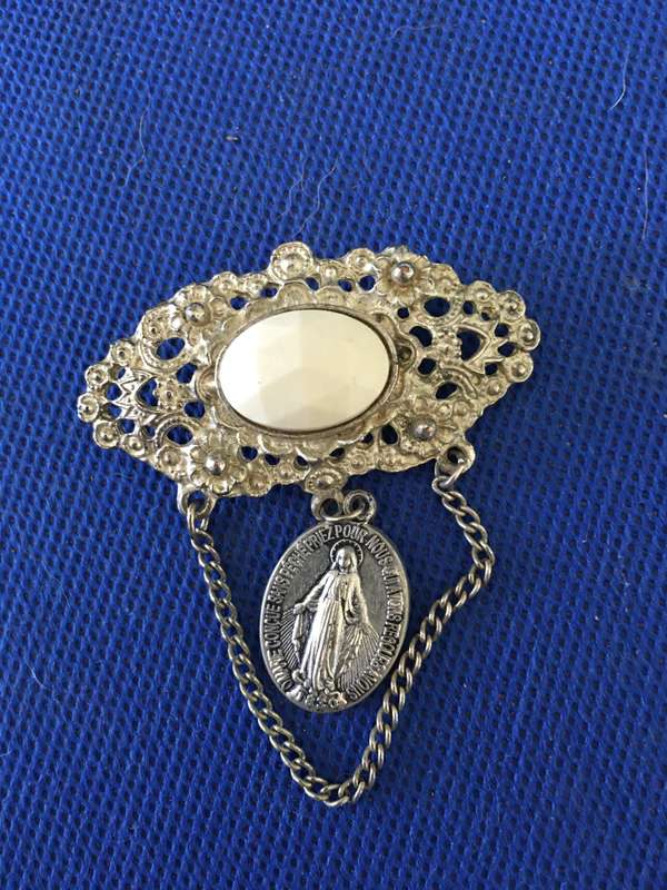 ANTIQUE  1830 O MARIE CONCUE PECHE PRIEZ POUR NOUS PENDANT BROOCH MEDAL
