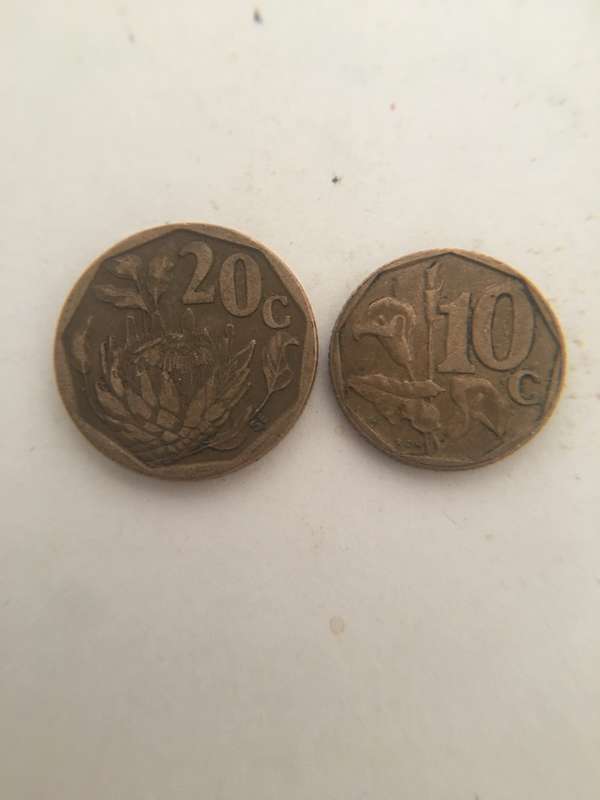 SOUTH AFRICA  LOT OF TWO COINS - 20c AND 10c COINS (8) BOTH CRESTED