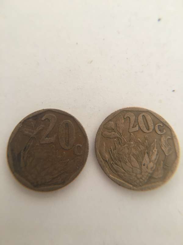 SOUTH AFRICA LOT OF TWO 20c COINS NOTE 20c ON  ONE ISLARGER ON REAR  (14)