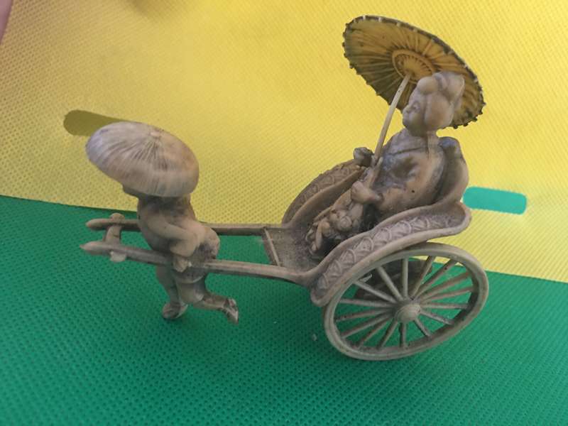 VINTAGE ORIENTAL LADY DRAWN IN CART  ONE WHEEL LOOSE
