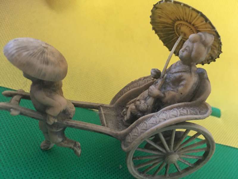 VINTAGE ORIENTAL LADY DRAWN IN CART  ONE WHEEL LOOSE