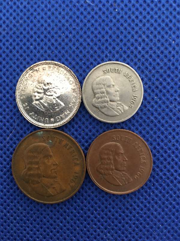 SOUTH AFRICA LOT OF 4 DIFFERENT JAN VAN RIEBEEK COINS - 5c 1965 - 5c 1964 - 2c 1967 -1c 1966