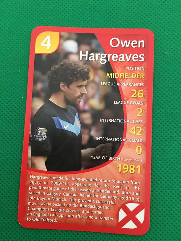 TOP TRUMPS - MANCHESTER UNITED - 2011 - NO. 4   -  OWEN  HARGREAVES