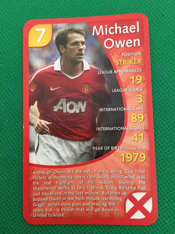 TOP TRUMPS MANCHESTER UNITED SOCCER CARD - 2011 - MICHAEL OWEN - NO. 7