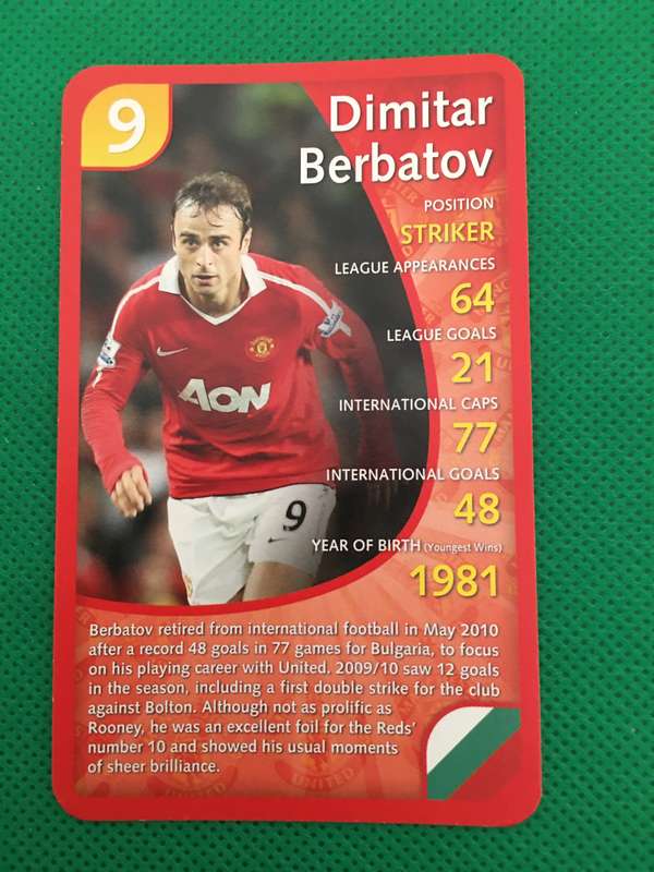 TOP TRUMPS MANCHESTER UNITED SOCCER CARD - 2011 - DIMITAR BERBATOV - NO. 9