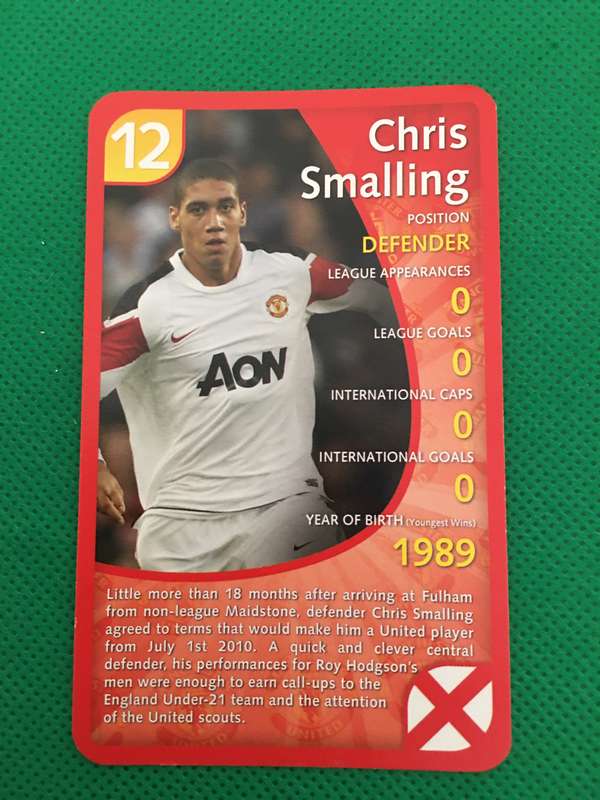 TOP TRUMPS TRADING CARD  - MANCHESTER UNITED - 2011 - NO. 12 - CHRIS SMALLING