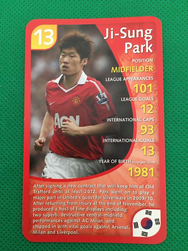 TOP TRUMPS TRADING CARD- MANCHESTER UNITED - SOCCER CARD - NO. 13 - JI-SUNG PARK