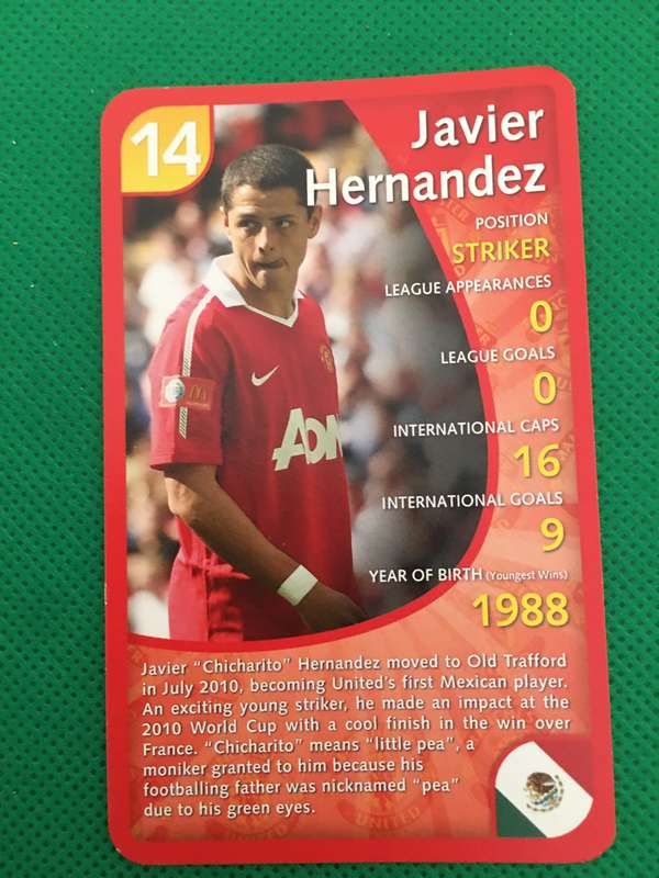 TOP TRUMPS TRADING CARD  - MANCHESTER UNITED - 2011 - NO. 14 - JAVIER HERNANDEZ