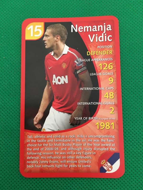 TOP TRUMPS TRADING CARD- MANCHESTER UNITED - SOCCER CARD - NO. 15 - NEMANIA VIDIC
