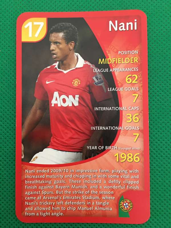 TOP TRUMPS TRADING CARD - MANCHESTER UNITED SOCCER CARD - 2011 - NO. 17 - NANI
