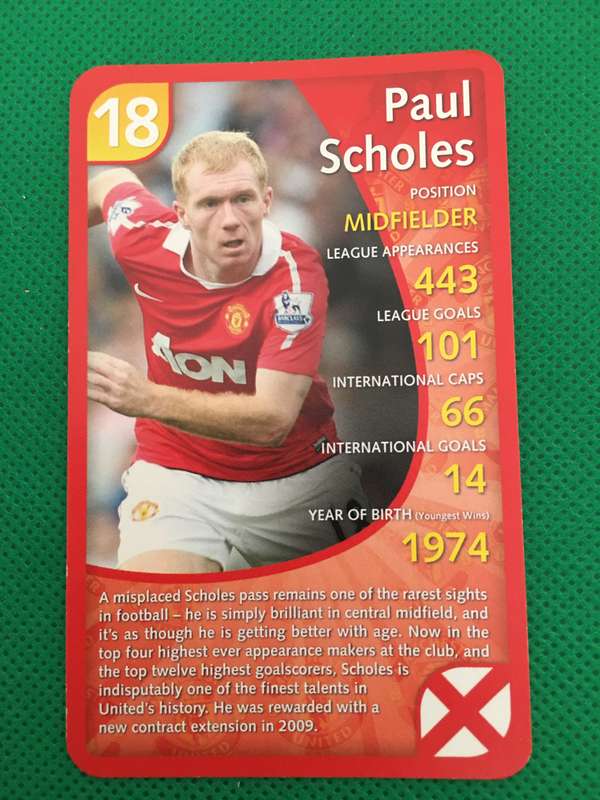 TOP TRUMPS TRADING CARD- MANCHESTER UNITED - SOCCER CARD - NO. 18 - PAUL SCHOLES