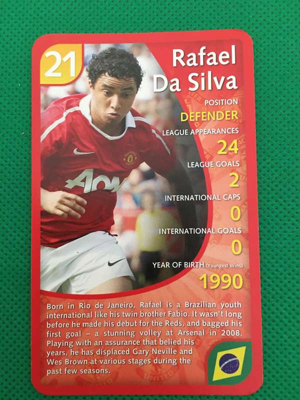 TOPP TRUMPS TRADING CARD - MANCHESTER UNITED - 2011 - NO. 21 -  RAFAEL DA SILVA