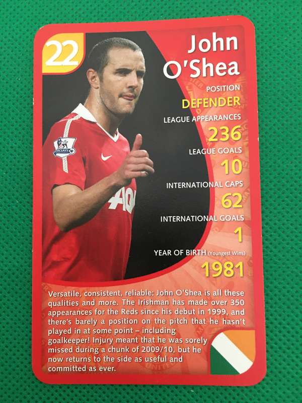 TOPP TRUMPS TRADING CARD - MANCHESTER UNITED - 2011 - NO. 22 - JOHN O'' SHEA