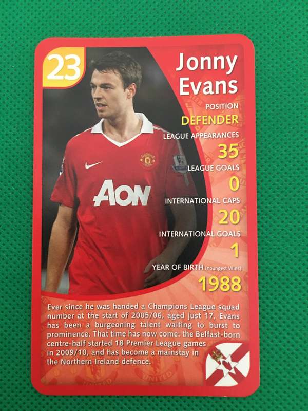 TOPP TRUMPS TRADING CARD - MANCHESTER UNITED - 2011 - NO. 23 -  JONNY EVANS