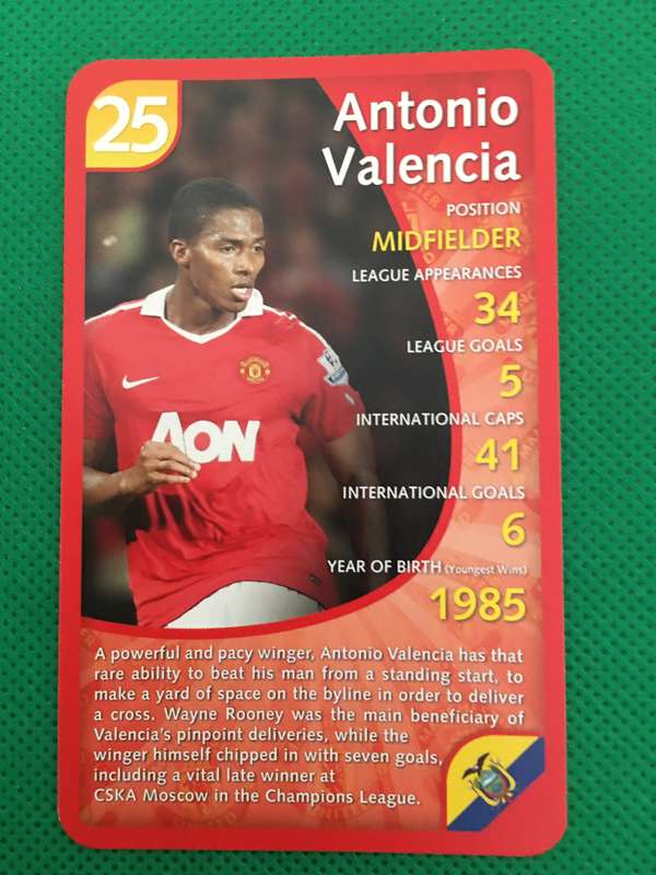 TOPP TRUMPS TRADING CARD - MANCHESTER UNITED - 2011 - NO. 25 -  ANTONIO VALENCIA